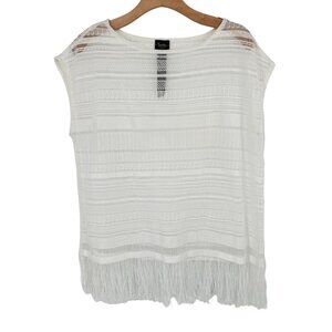 Chico's 1 Womens Travelers White Fringe  Sleeveless Top Size medium Sheer Knit